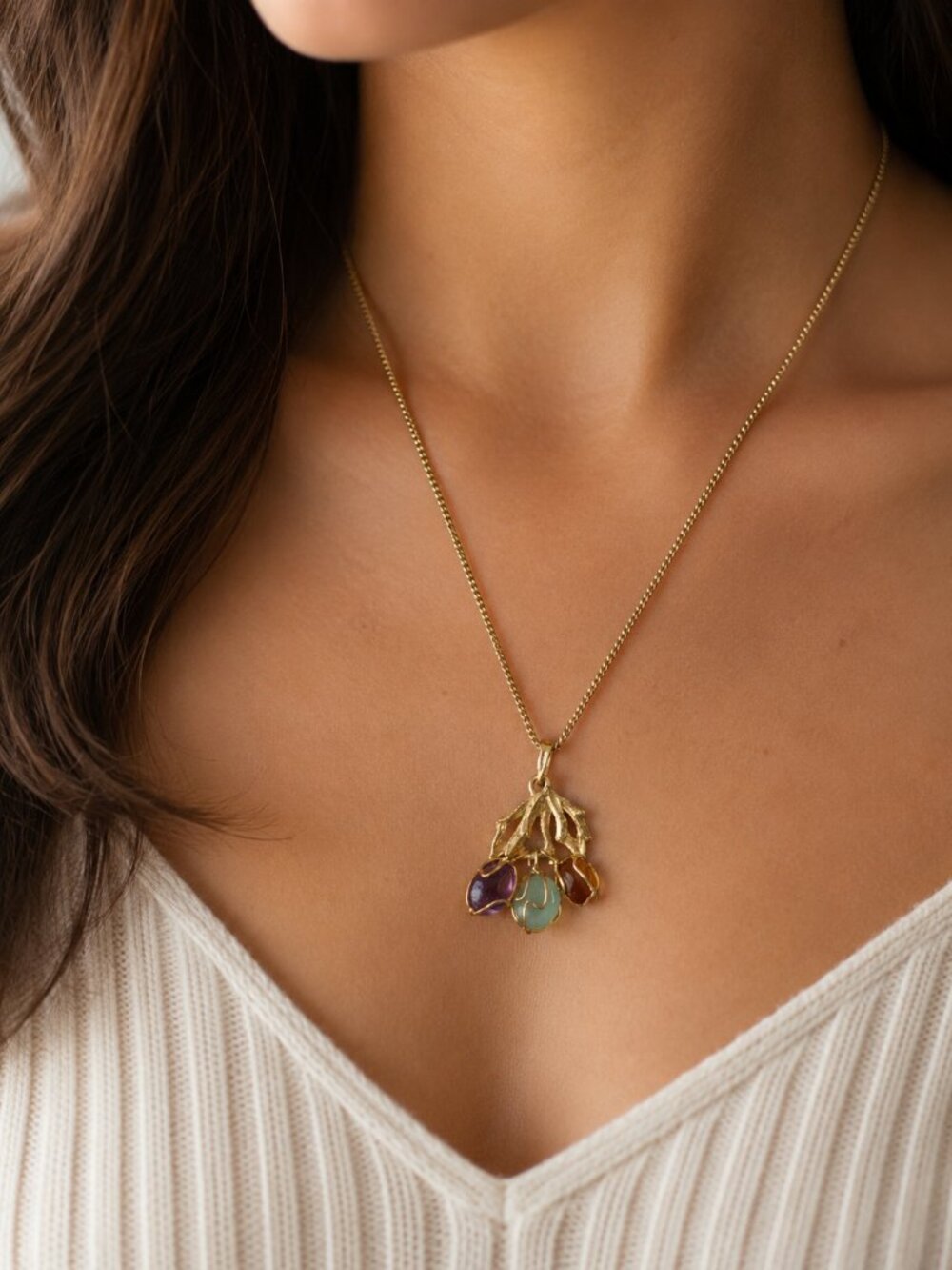 Vintage Gold Tone Wire-Wrapped Stone Cluster Pendant Necklace